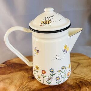 Vintage Enamel Coffee Pot Percolator Flowers Butterfly Bumblebee MCM Enamelware